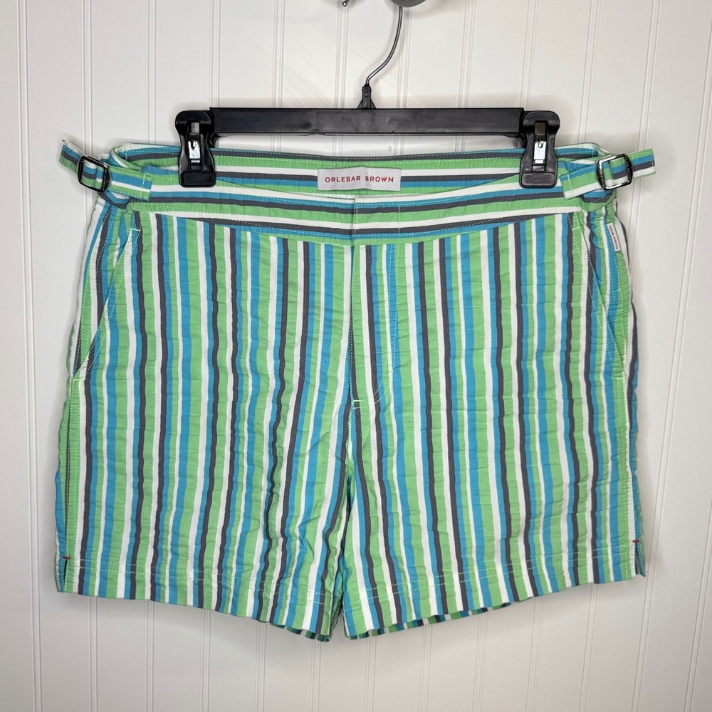 Orlebar Brown Setter Mens 32 Striped Swim Shorts Green Blue White Trunks